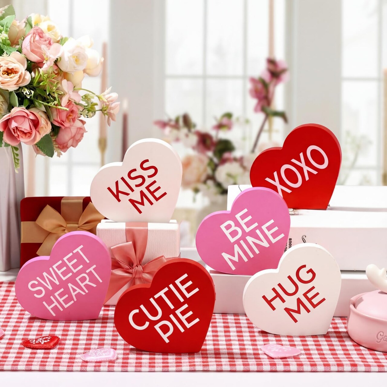 6 Pcs Valentines Day Decorations Small Heart Wood Signs Table Decor Love Candy Table Blocks Centerpiece Tiered Tray Decor for Home Office Mantel Shelf Gift